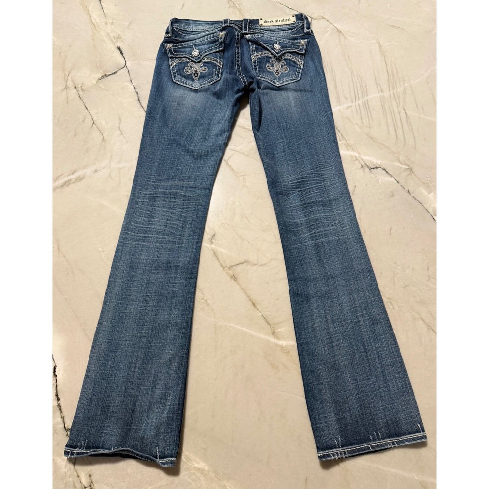 Rock Revival Sasha Bootcut Jeans 28 Medium Wash Rhinestone Fleur De Lis Y2K